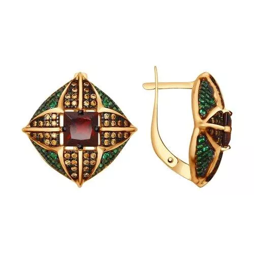 Серьги из золочёного серебра с гранатами и жёлтыми и зелеными фианитами
