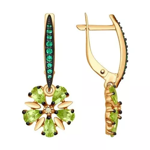 Серьги из золочёного серебра с хризолитами и фианитами