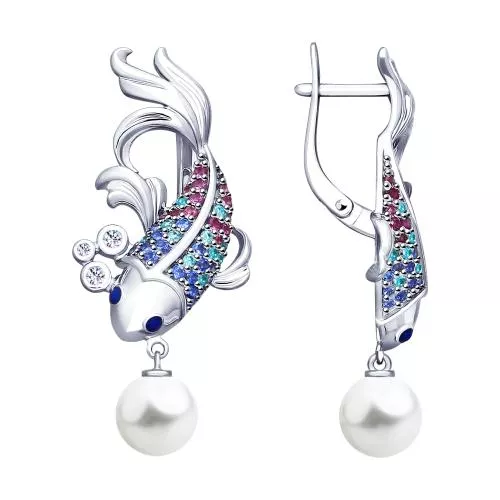 Серебряные серьги «Рыбки» с жемчугом