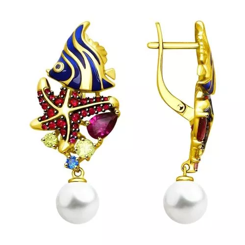 Серьги с фианитами и жемчугом «Рыбки»