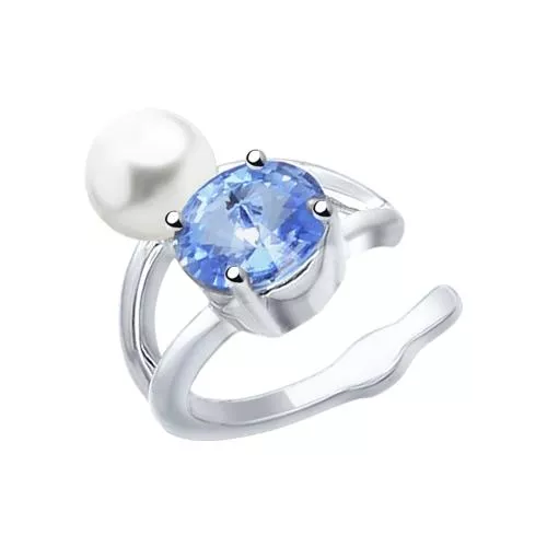 Серьга из серебра с жемчугом Swarovski и синим кристаллом Swarovski