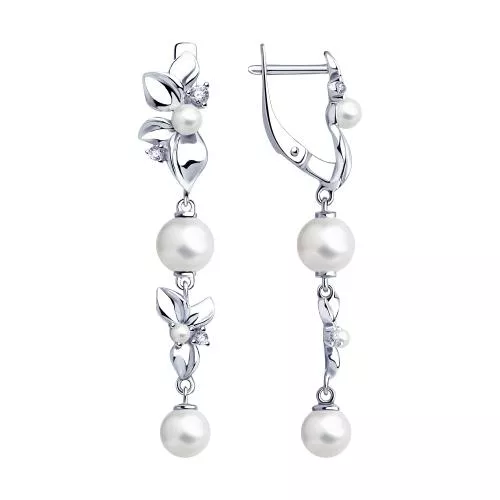 Серьги из серебра с жемчугом, жемчугом Swarovski и фианитами