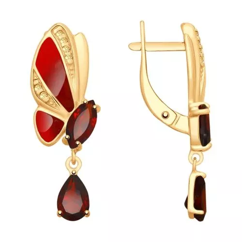 Серьги из золочёного серебра с эмалью и гранатами и фианитами