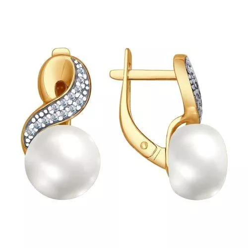 Серьги из золочёного серебра с жемчугом и фианитами