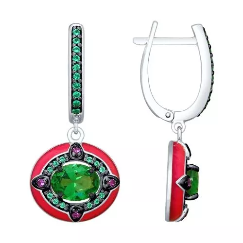 Серьги из серебра с эмалью и зелеными ситаллами и фианитами