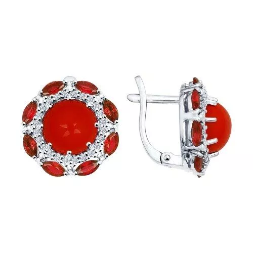 Серьги из серебра с кораллами и красными фианитами