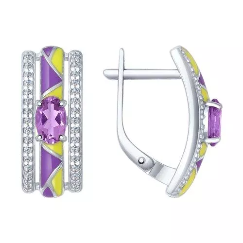 Серьги из серебра с эмалью с аметистами и фианитами