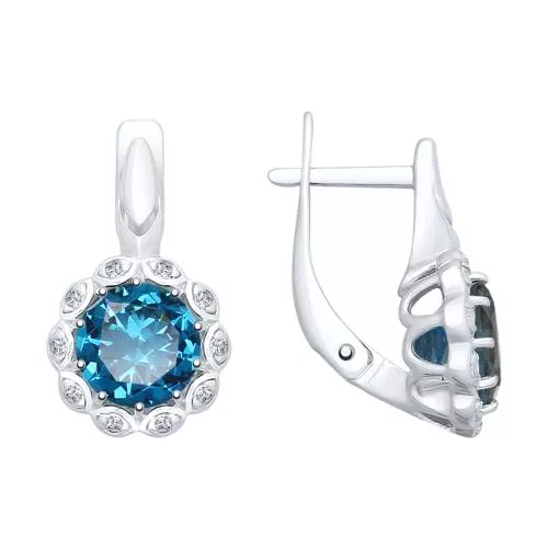 Серьги из серебра с синими топазами и фианитами