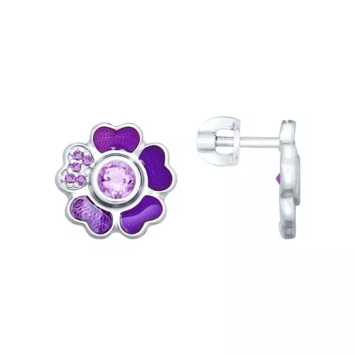 Серьги из серебра с эмалью и аметистами и фианитами