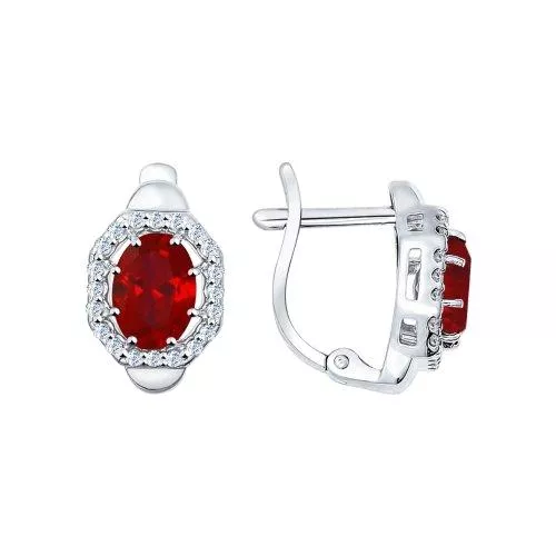 Серьги из серебра с корундами рубиновыми (синт.) и фианитами