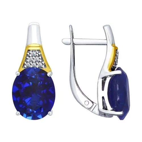 Серьги из серебра с золочением, синими корундами (синт.) и фианитами