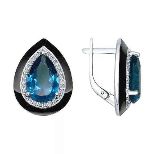 Серьги из серебра с эмалью с синими ситаллами и фианитами