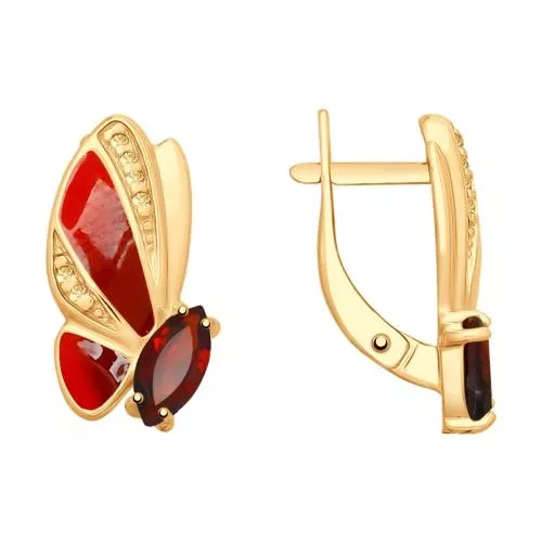 Серьги из золочёного серебра с гранатами и фианитами