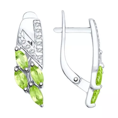 Серьги из серебра с хризолитами и фианитами