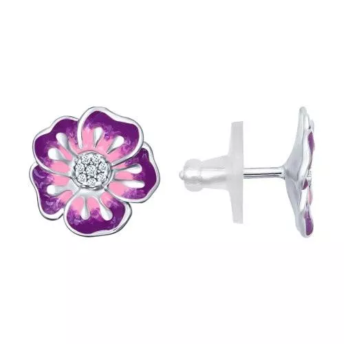 Серьги-пусеты из серебра с эмалью с фианитами