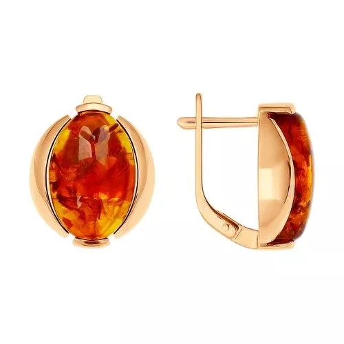 Серьги из золочёного серебра с коричневым янтарём (пресс.)