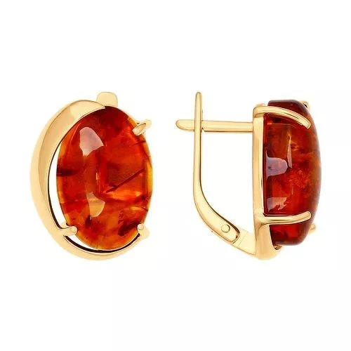 Серьги из золочёного серебра с коричневым янтарём (пресс.)