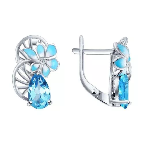 Серьги из серебра с эмалью с топазами и фианитами