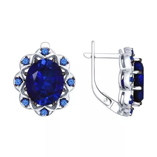 Серьги из серебра с корундами сапфировыми (синт.) и синими фианитами