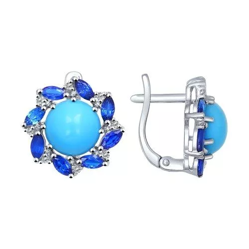 Серьги из серебра с бирюзой (синт.) и синими фианитами
