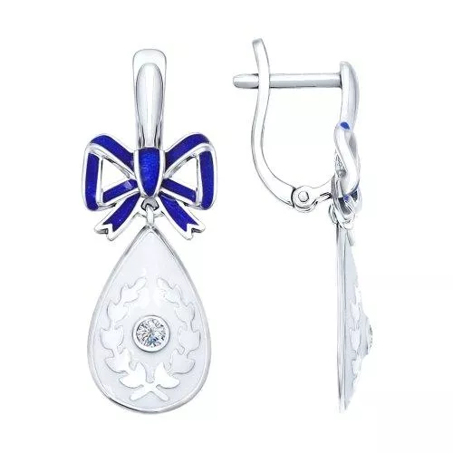 Серьги длинные из серебра с эмалью с фианитами