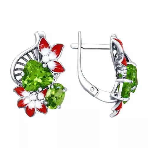 Серьги из серебра с эмалью с фианитами и хризолитами