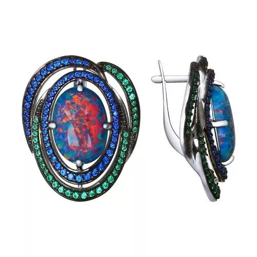Серьги из серебра с синими опалами и зелеными и синими фианитами