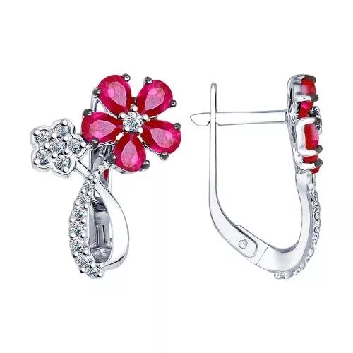 Серьги из серебра с корундами рубиновыми (синт.) и фианитами