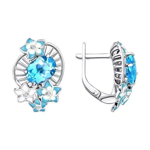 Серьги из серебра с эмалью с топазами и фианитами