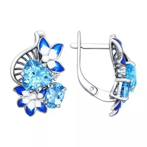 Серьги из серебра с эмалью с топазами и фианитами