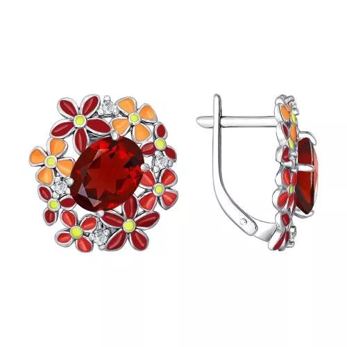 Серьги из серебра с эмалью с гранатами и фианитами