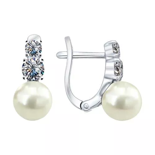 Серьги из серебра с жемчугом и фианитами