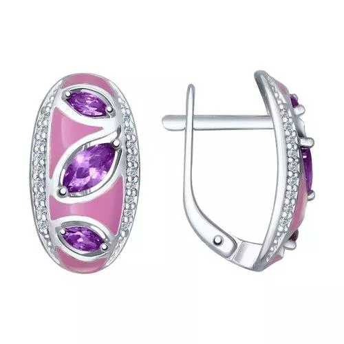 Серьги из серебра с эмалью с бесцветными и сиреневыми фианитами