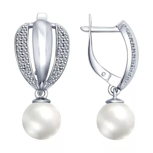 Серьги из серебра с жемчугом и фианитами