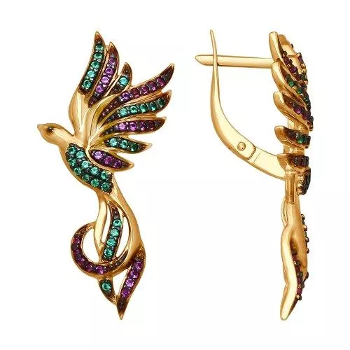 Серьги из серебра с зелеными и сиреневыми фианитами