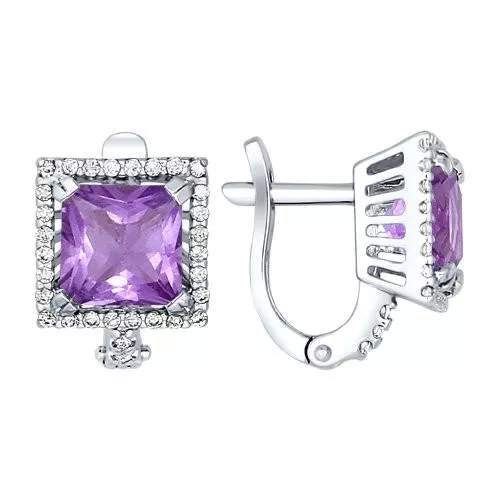 Квадратные серьги из серебра с крупным аметистом