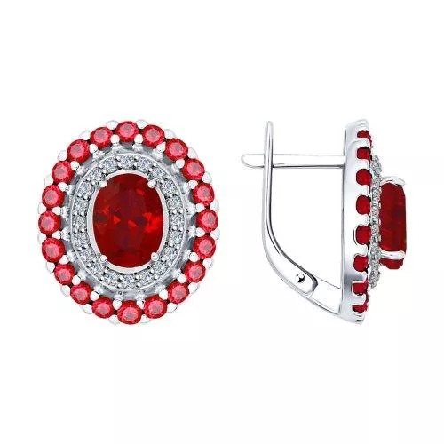Серьги из серебра с корундами рубиновыми (синт.) и фианитами
