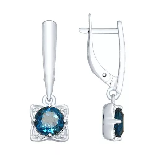 Серьги из серебра с синими топазами и фианитами