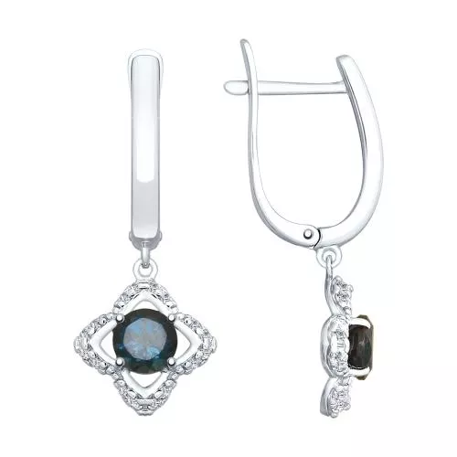 Серьги из серебра с синими топазами и фианитами