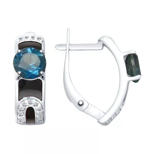 Серьги из серебра с эмалью и синими топазами и фианитами