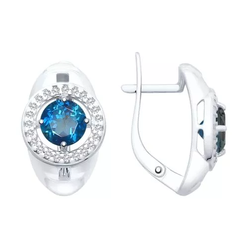 Серьги из серебра с синими топазами и фианитами