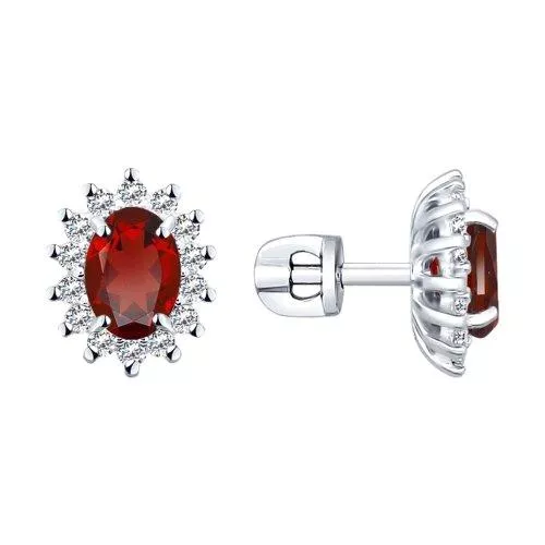 Серьги-пусеты из серебра с гранатами и фианитами