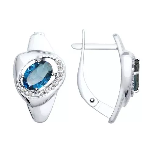 Серьги из серебра с синими топазами и фианитами