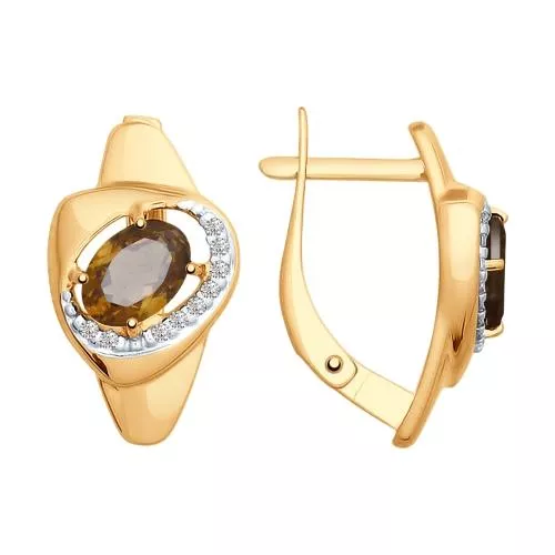 Серьги из золочёного серебра с раухтопазами и фианитами