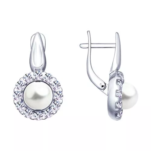 Серьги из серебра с жемчугом и фианитами