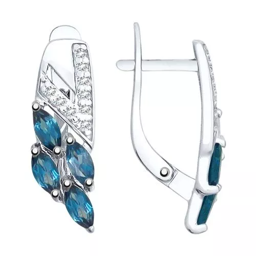 Серьги из серебра с синими топазами и фианитами