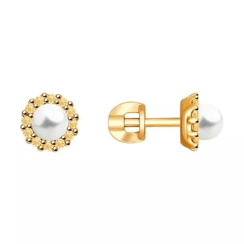 Серьги из золочёного серебра с жемчугом и фианитами