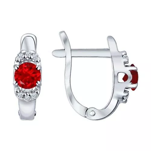 Серьги из серебра с корундами рубиновыми (синт.) и фианитами