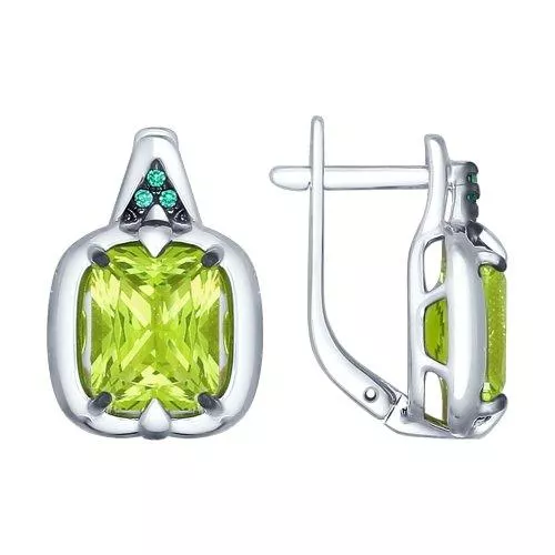 Серьги из серебра с зелеными ситаллами и зелеными фианитами