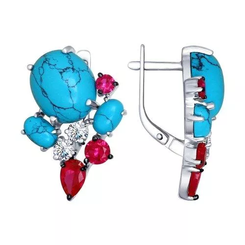 Серьги из серебра с бирюзой (синт.) и красными фианитами
